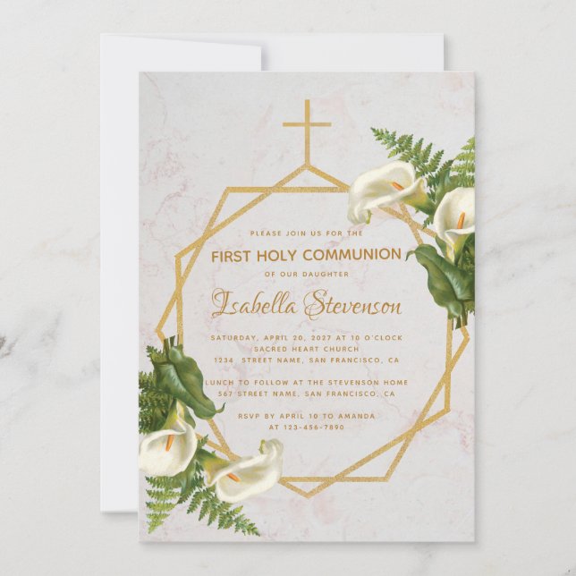 First Communion Floral Gold Marble Calla Lilies Invitation (Front)