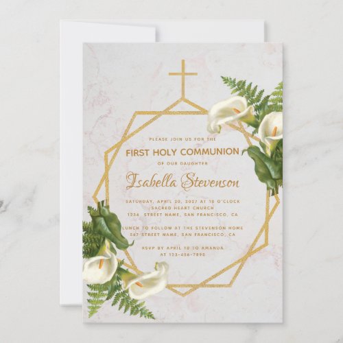 First Communion Floral Gold Marble Calla Lilies Invitation