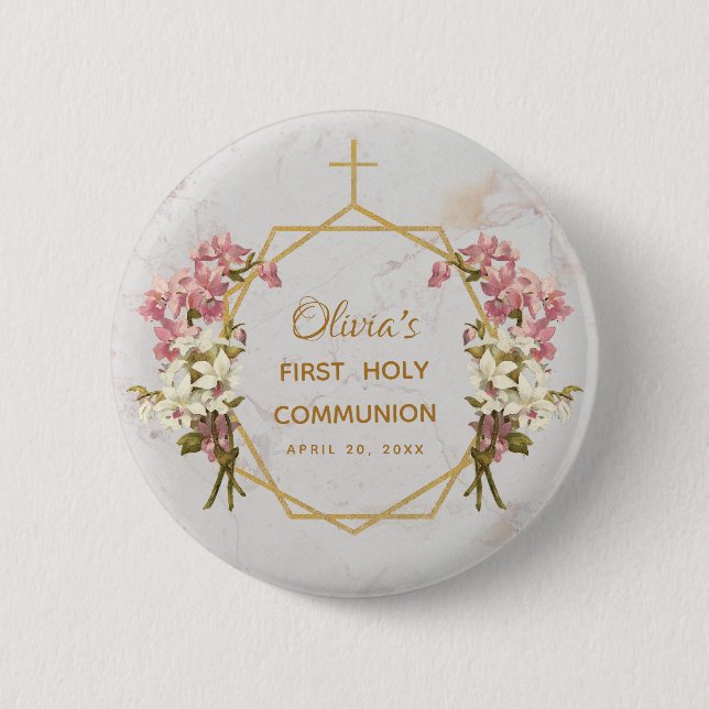 First Communion Floral Gold Marble Pink Orchids Button (Front)