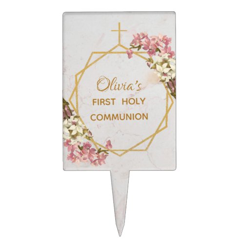 First Communion Floral Gold Pink Orchids Marble Cake Topper