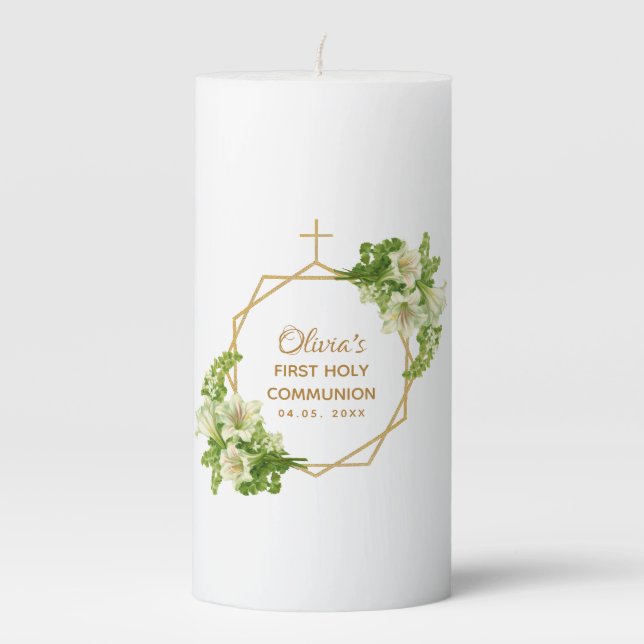 First Communion Floral Lilies Gold Cross Geometric Pillar Candle (Front)