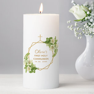 First Communion Floral Lilies Gold Cross Geometric Pillar Candle