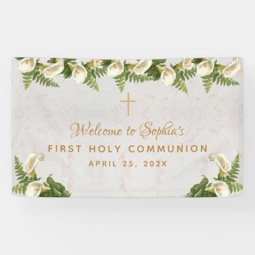 First Communion Floral Marble Calla Lilies Welcome Banner