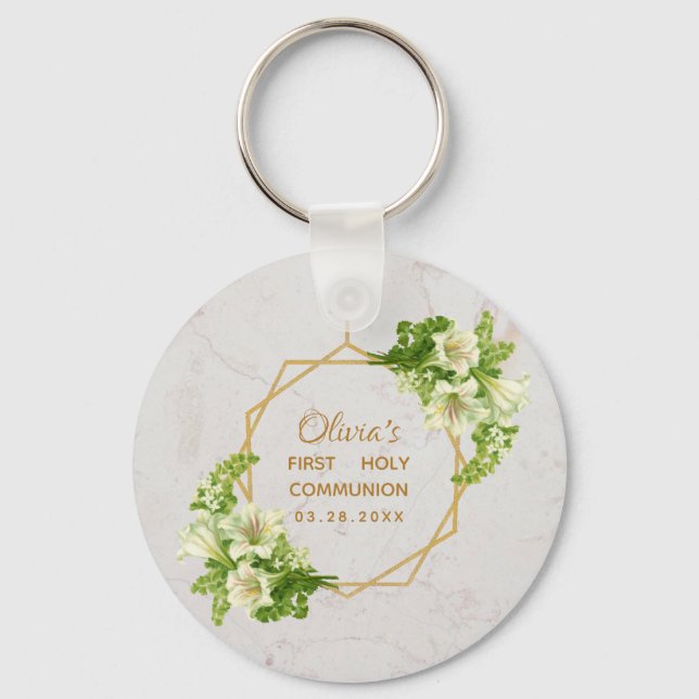 First Communion Floral Marble Gold White Lilies  Keychain (Front)