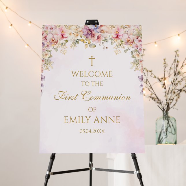 First Communion Floral Orchids  Welcome Sign (In Situ (Stand))