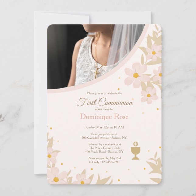 First Communion Floral Photo Invitation (Front)