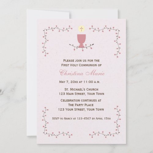 First Communion Floral Vines with Pink Chalice Invitation