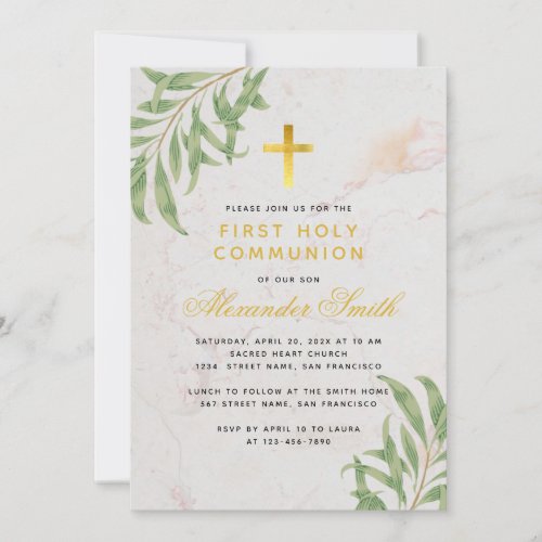 First Communion Foliage Gold Marble Willow Leaves  Invitation