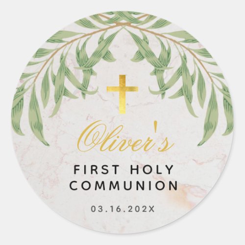 First Communion Foliage Marble Faux Gold Cross Classic Round Sticker