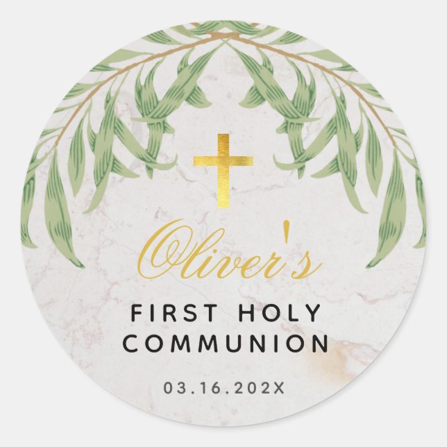 First Communion Foliage Marble Faux Gold Cross Classic Round Sticker (Front)