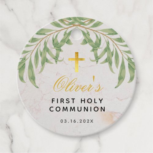 First Communion Foliage Marble Gold Cross Script Favor Tags
