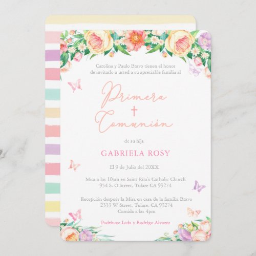 First Communion for Girl in Spanish English Roses Invitation