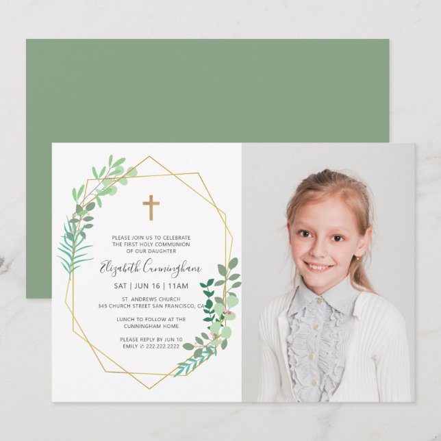 First Communion For Her Geometric Foliage Cross Invitation (Front/Back)