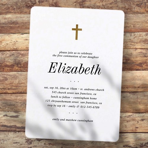 First Communion For Her Minimalist Faux Gold Cross Invitation