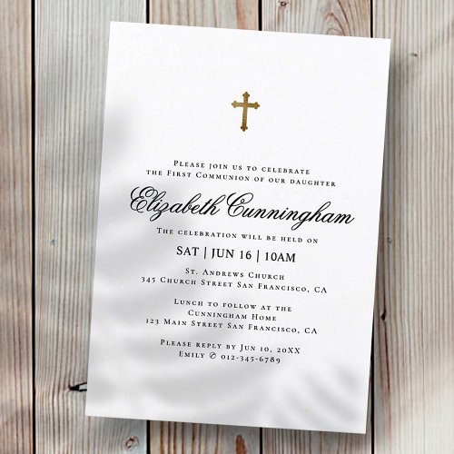 First Communion For Her  Minimalist Gold Cross Invitation