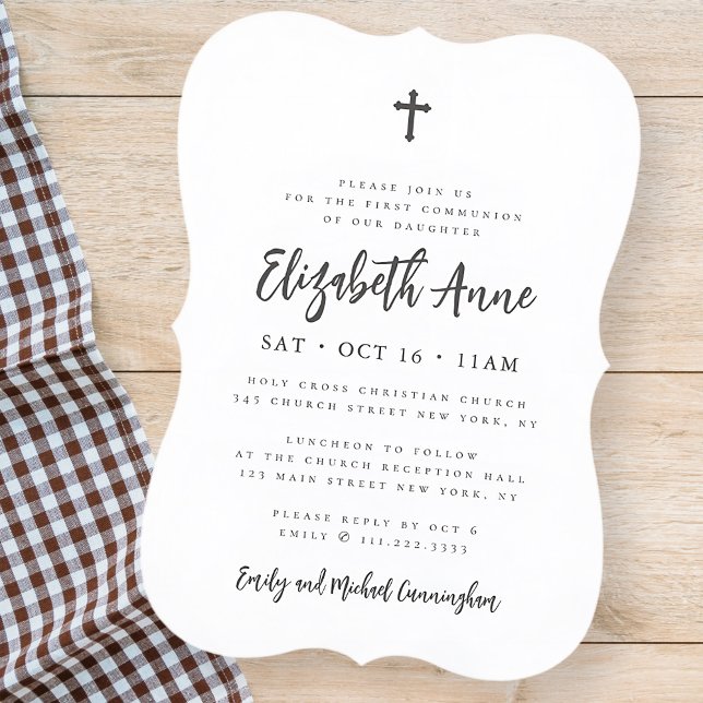 First Communion For Her Modern Minimalist Cross Invitation (Creator Uploaded)