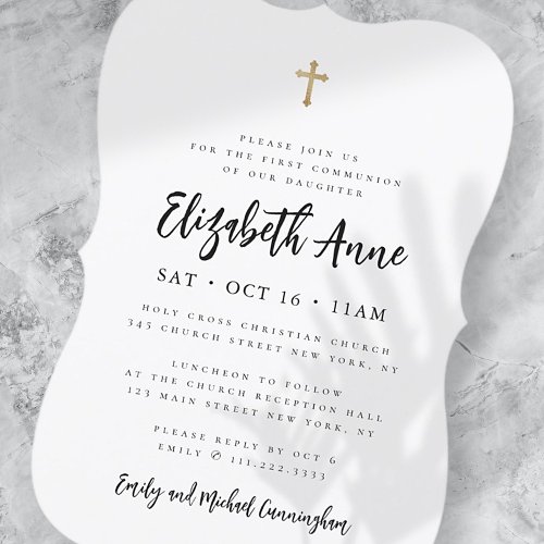 First Communion For Her Modern Minimalist Cross Invitation