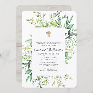 First Communion For Her Rustic Foliage Gold Cross Invitation