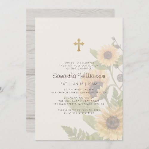 First Communion For Her Rustic Sunflower Floral Invitation