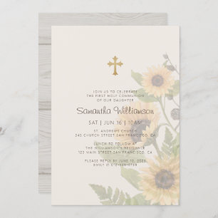 First Communion For Her Rustic Sunflower Floral Invitation