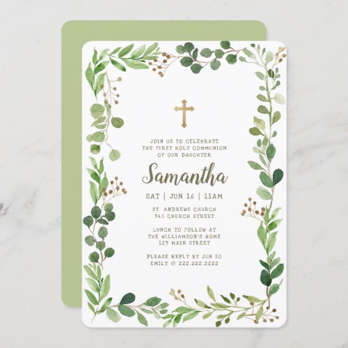 First Communion For Her Watercolor Foliage Cross Invitation