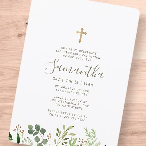 First Communion For Her Watercolor Foliage Cross Invitation