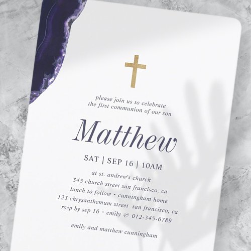 First Communion For Him Geode Faux Gold Cross Invitation