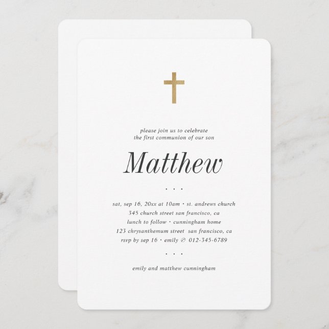 First Communion For Him Minimalist Faux Gold Cross Invitation (Front/Back)