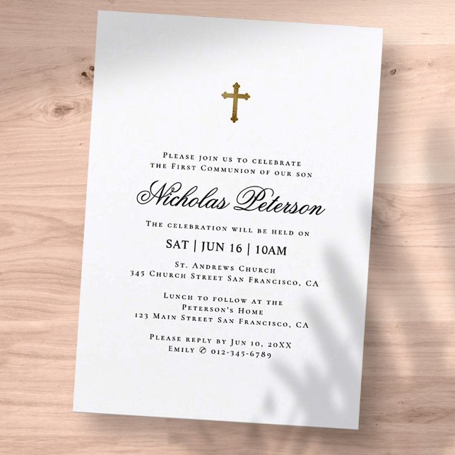 First Communion For Him | Minimalist Gold Cross Invitation (Creator Uploaded)