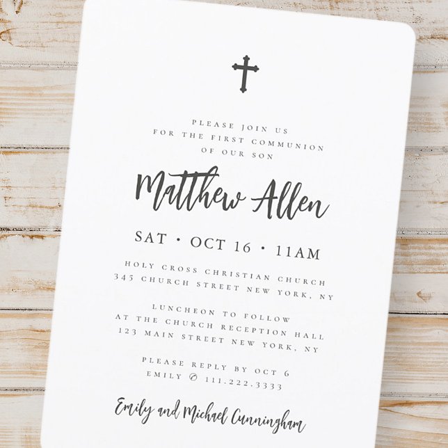 First Communion For Him Modern Minimalist Cross Invitation (Creator Uploaded)