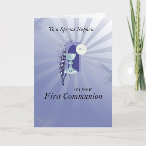First Communion for Nephew with Blue Rays Card