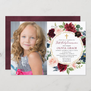 First communion girl burgundy blush blue photo invitation