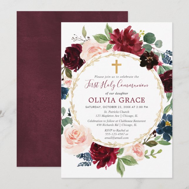 First communion girl burgundy blush navy blue gold invitation (Front/Back)