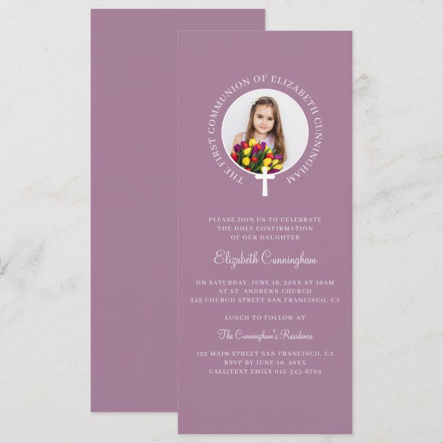 First Communion Girl Custom Photo and Simple Cross Invitation (Front/Back)