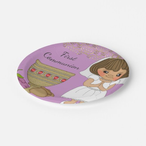 First Communion Girl in Purple Paper Plates