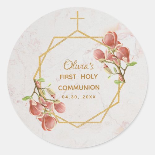 First Communion Girl Marble Gold Pink Magnolia Classic Round Sticker