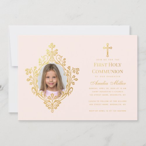 First Communion Girl Photo Elegant Blush Faux Gold Invitation