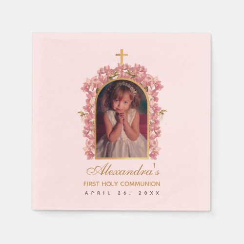 First Communion Girl Photo Floral Arch Pink Orchid Napkins