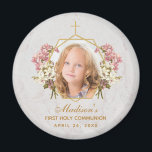 First Communion Girl Photo Floral Gold Pink Orchid Magnet<br><div class="desc">This elegant floral geometric religious design has a replaceable girl photo in an irregular gold frame from two gold hexagons that overlap, with a gold cross at its top and with pink and white orchids left and right. Under the frame, the name is written in an elegant calligraphic script, the...</div>