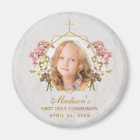 First Communion Girl Photo Floral Gold Pink Orchid