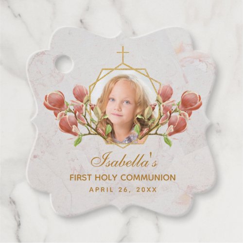 First Communion Girl Photo Floral Pink Magnolia Favor Tags