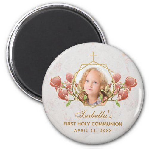 First Communion Girl Photo Floral Pink Magnolia  Magnet