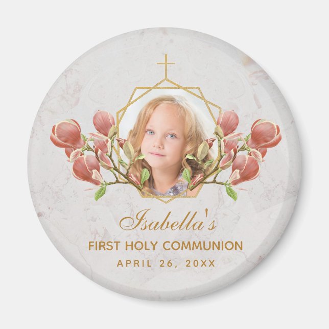 First Communion Girl Photo Floral Pink Magnolia  Magnet (Front)