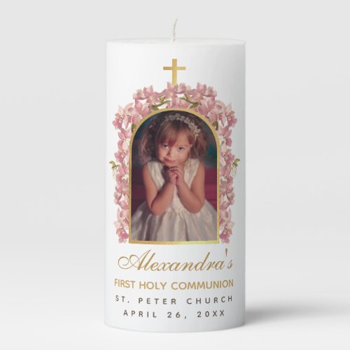 First Communion Girl Photo Gold Arch Pink Orchids  Pillar Candle