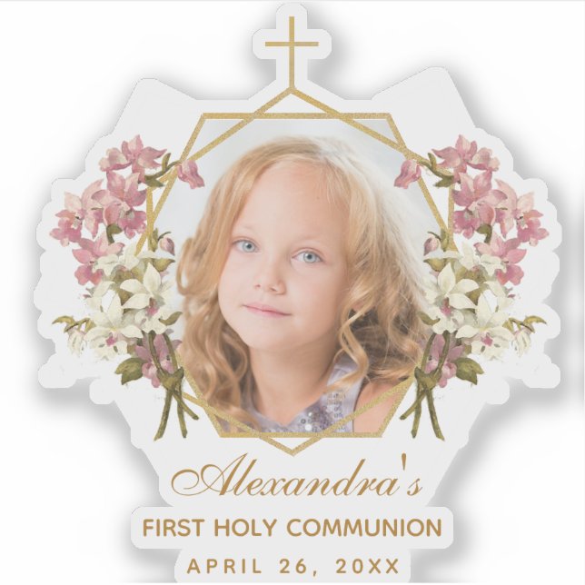 First Communion Girl Photo Gold Floral Pink Orchid Sticker (Front)