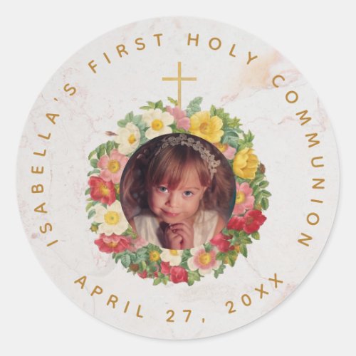 First Communion Girl Photo in Rose Wreath Marble Classic Round Sticker