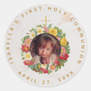 First Communion Girl Photo in Rose Wreath Marble Classic Round Sticker