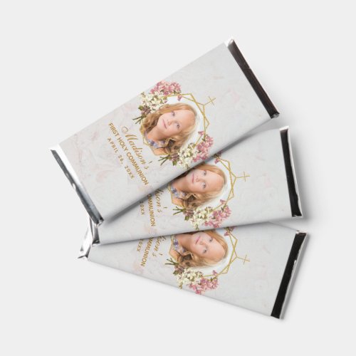 First Communion Girl Photo Marble Gold Pink Orchid Hershey Bar Favors