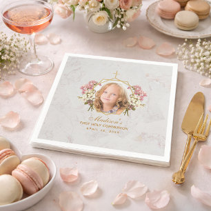 First Communion Girl Photo Marble Gold Pink Orchid Napkins