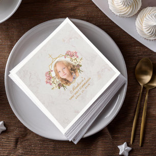 First Communion Girl Photo Marble Gold Pink Orchid Napkins